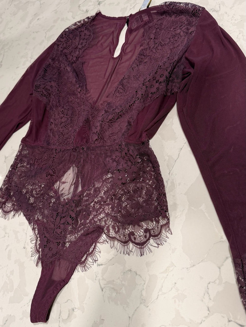 Sheer Lace Long-Sleeve Teddy in Plum